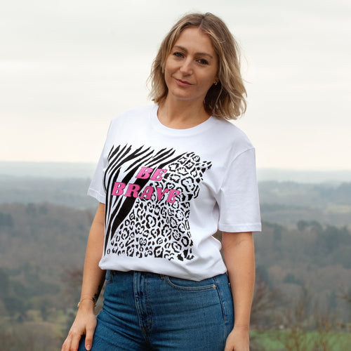 Model Wearing Be Brave Animal Print Slogan T Shirt